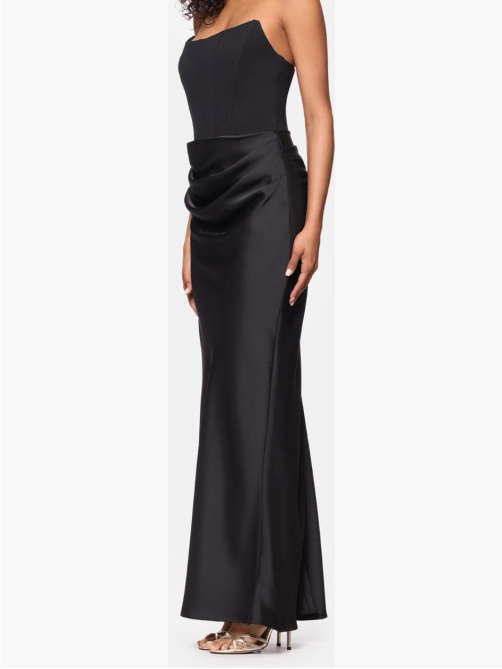 Betsy & Adam Black Strapless Satin Draped Maxi Gown